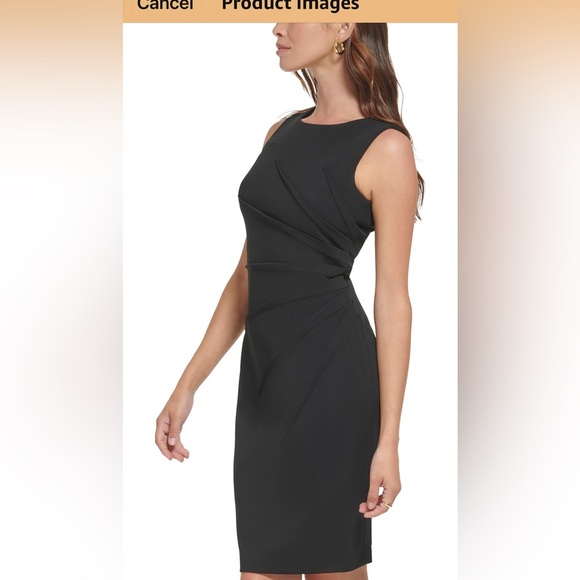 Calvin Klein Black Starburst Sheath Dress – Elegant Ruched Cocktail Dress - Picture 2 of 5